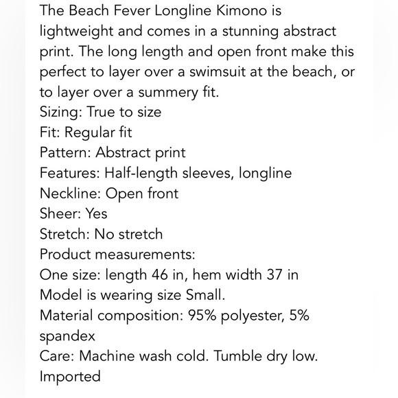 Beach Fever Longline Kimono Size OS NWT - Picture 5 of 5